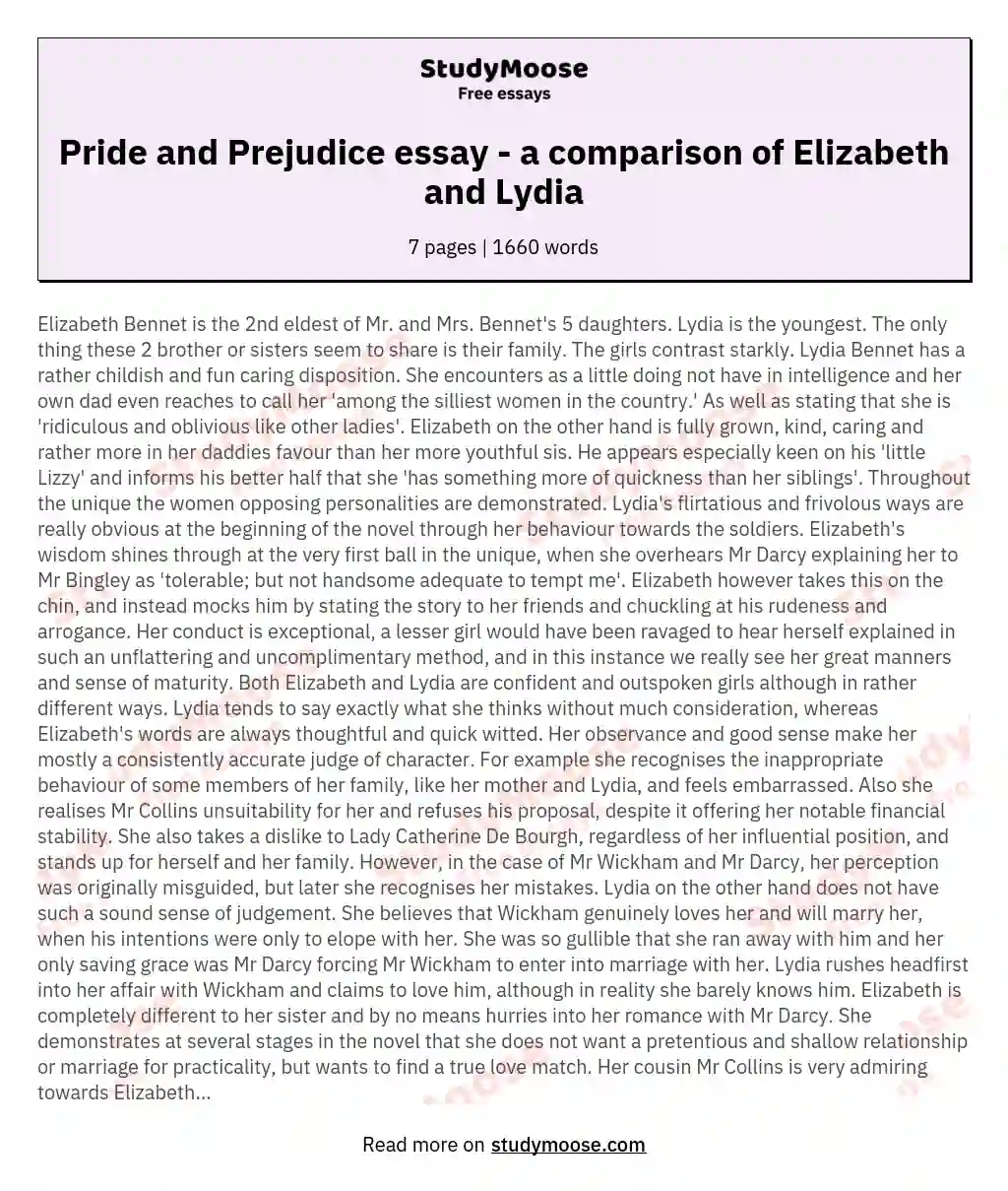 Pride and Prejudice essay - a comparison of Elizabeth and Lydia essay