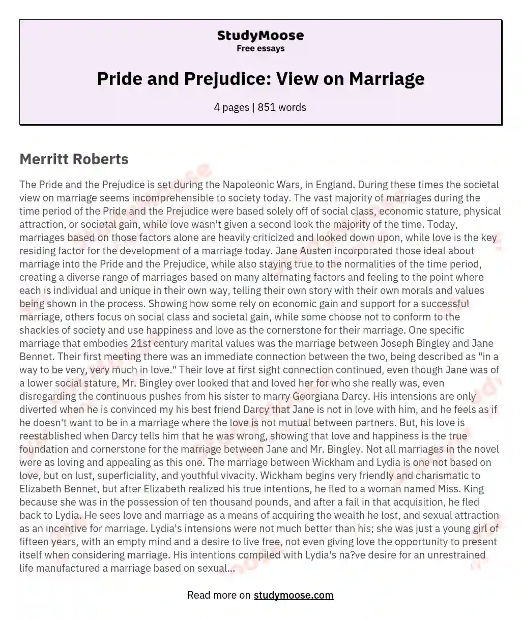 Pride and Prejudice: View on Marriage essay