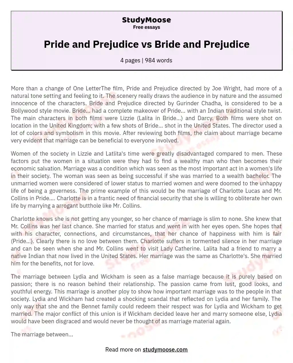 Pride and Prejudice vs Bride and Prejudice essay