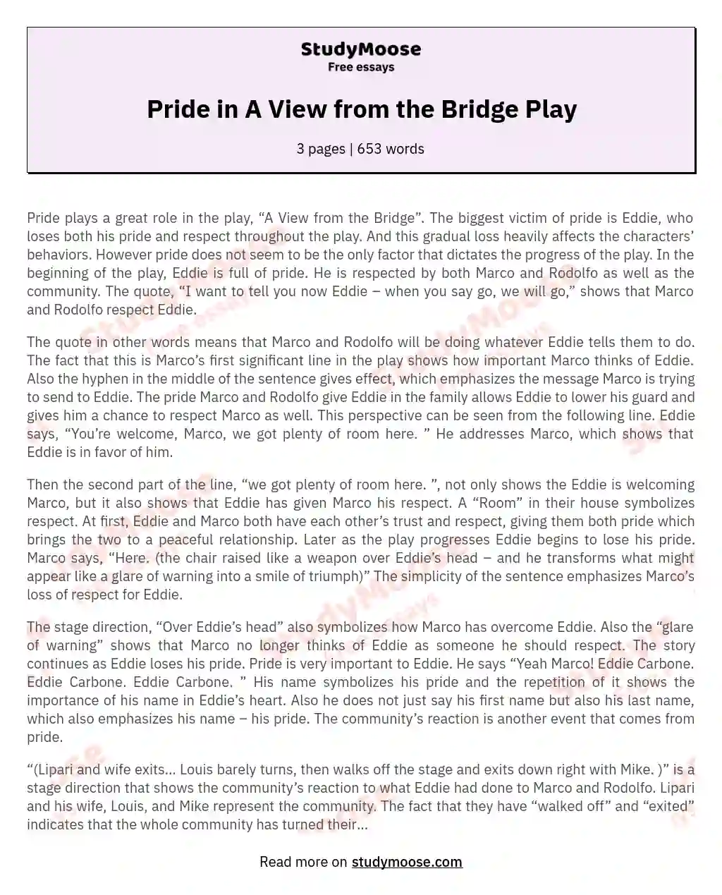 Pride in A View from the Bridge Play essay
