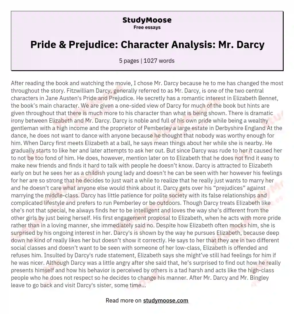 Pride & Prejudice: Character Analysis: Mr. Darcy essay