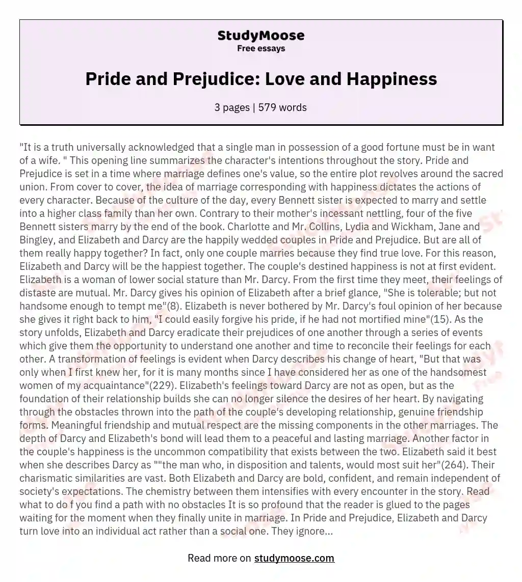 Pride and Prejudice: Love and Happiness essay