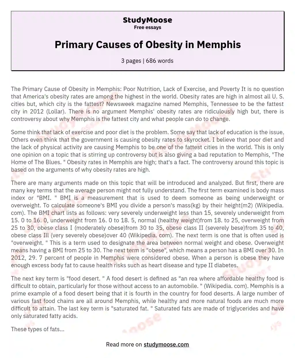 Primary Causes of Obesity in Memphis essay