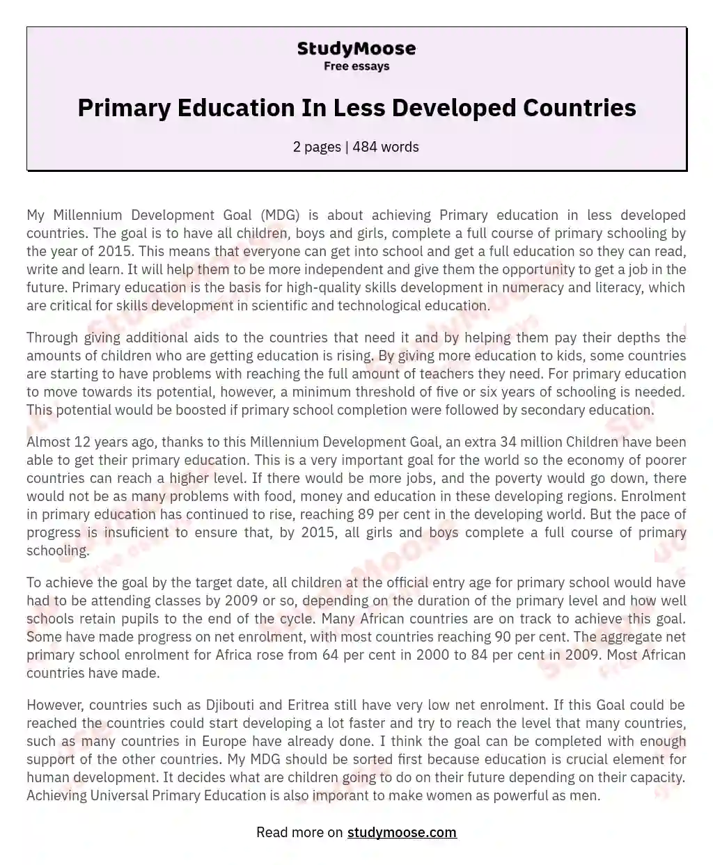 Primary Education In Less Developed Countries