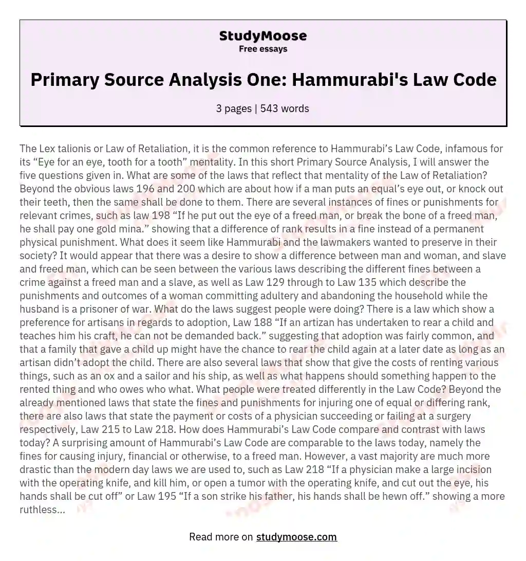 Primary Source Analysis One: Hammurabi's Law Code