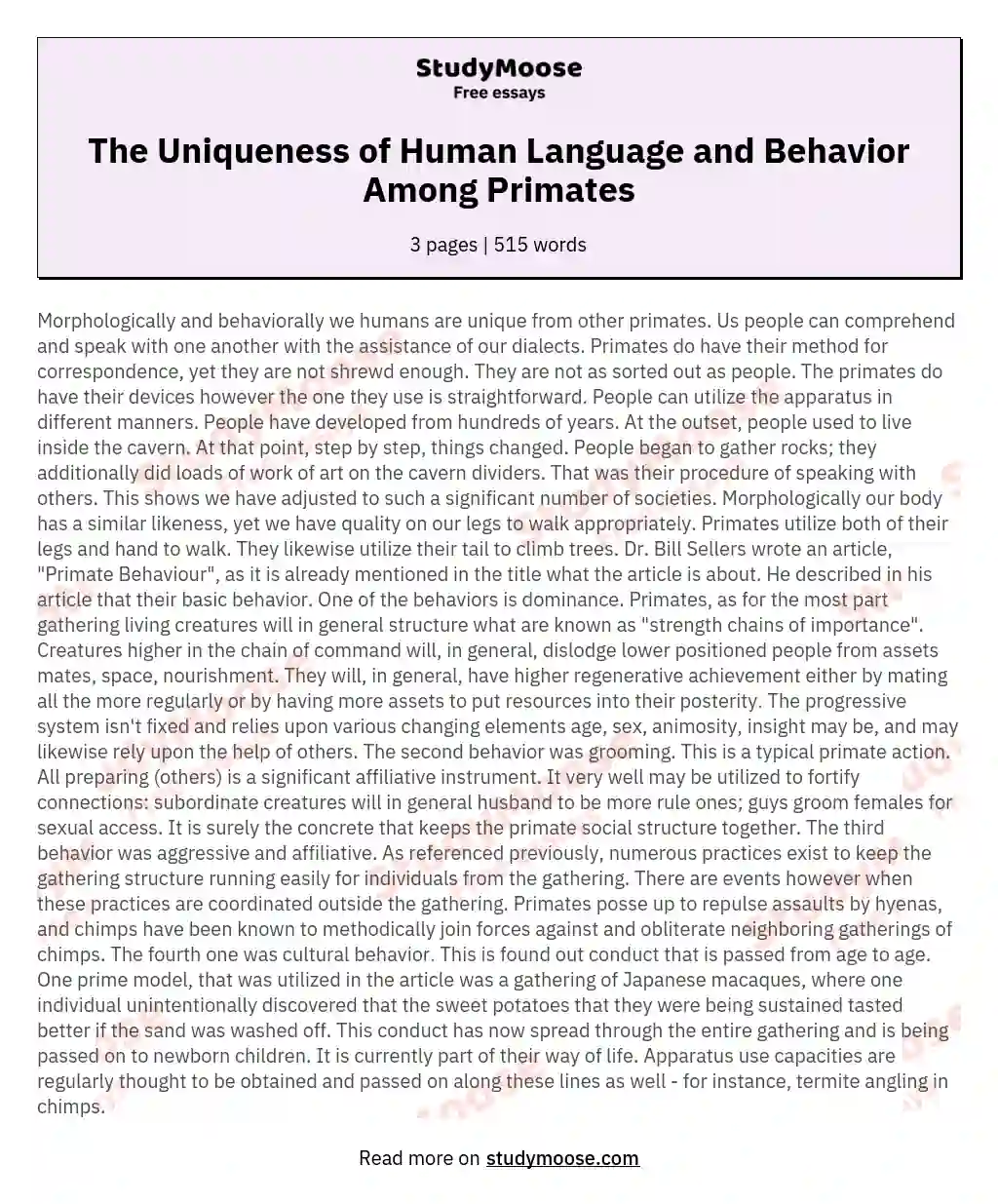 The Uniqueness of Human Language and Behavior Among Primates essay