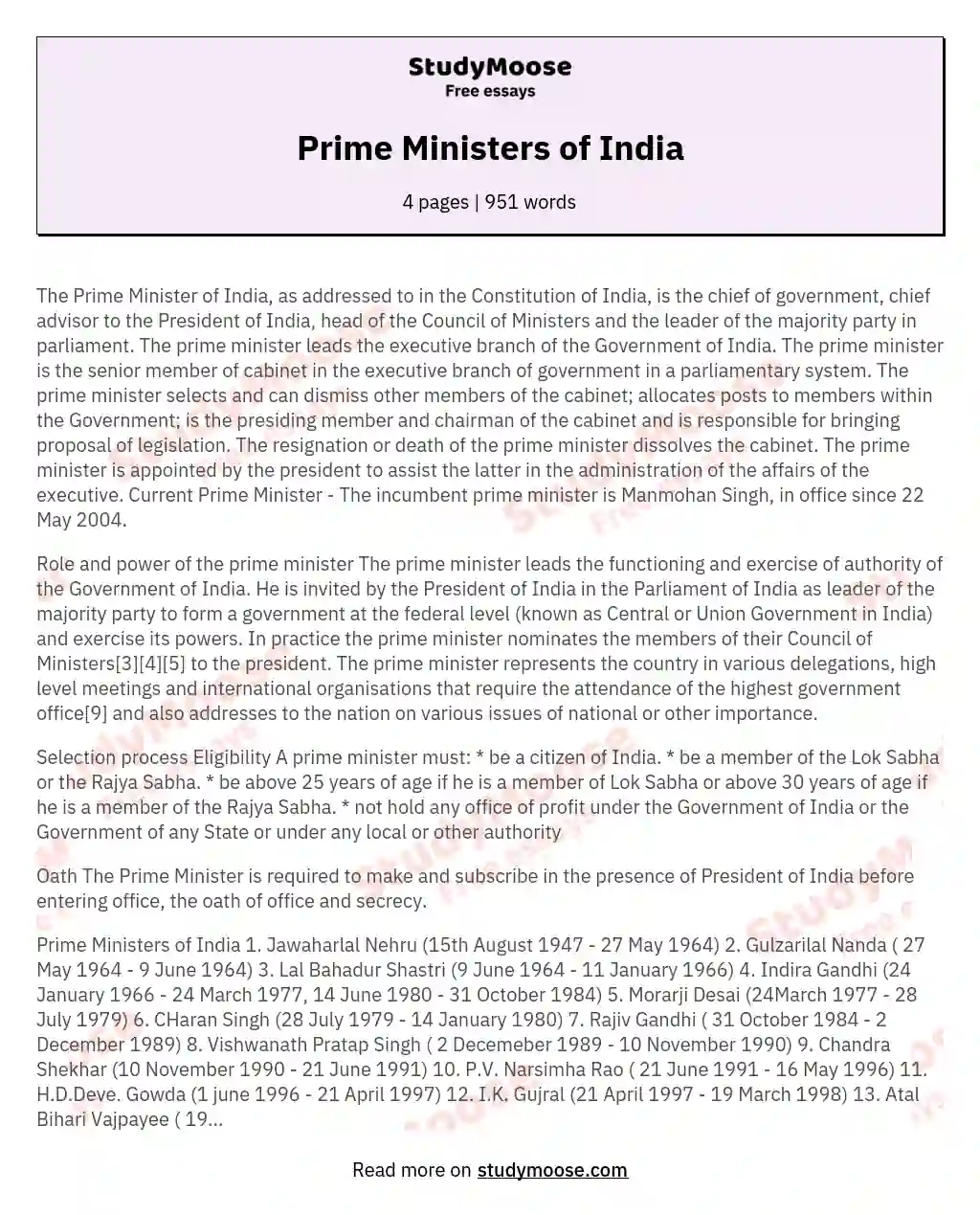 Prime Ministers of India essay