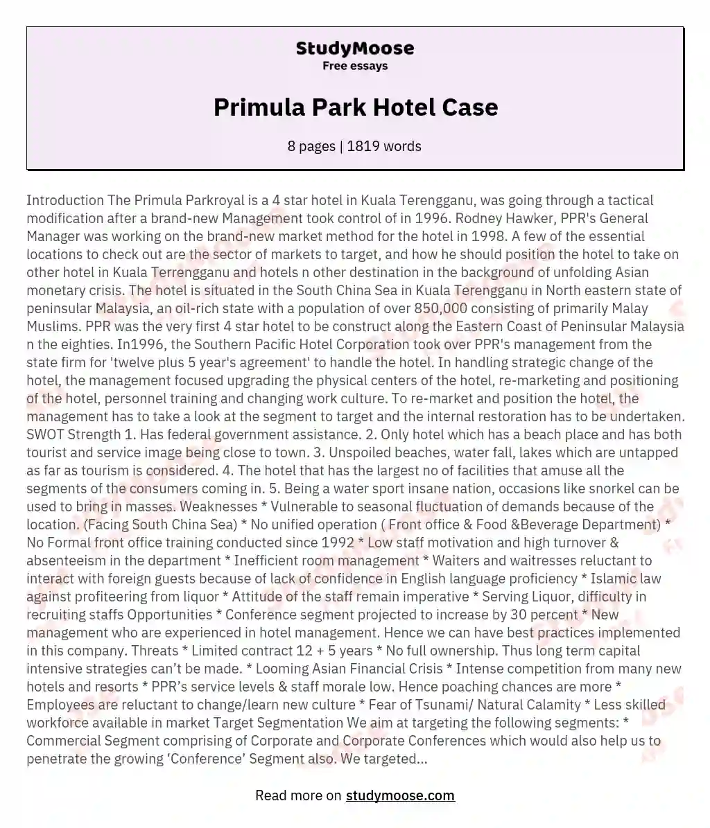 Primula Park Hotel Case essay