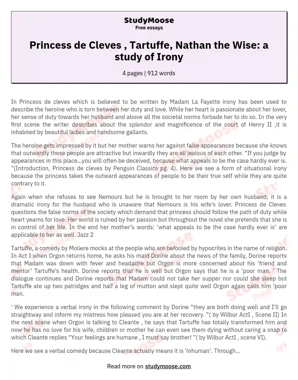 Princess de Cleves , Tartuffe, Nathan the Wise: a study of Irony essay