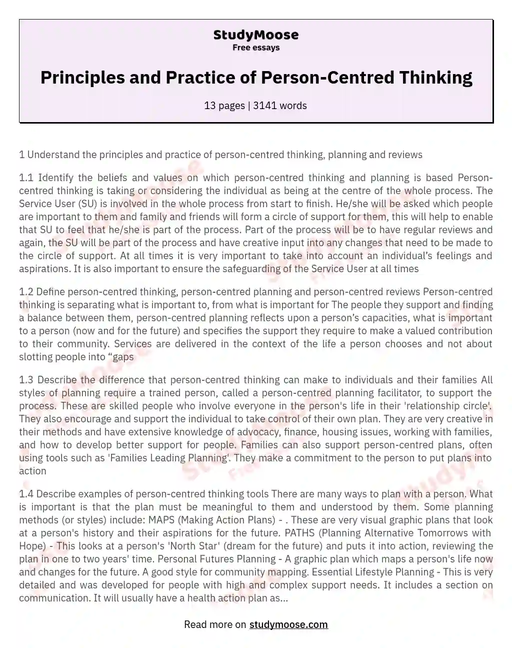 Principles and Practice of Person-Centred Thinking essay