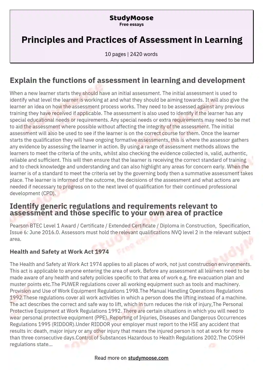 Principles and Practices of Assessment in Learning essay