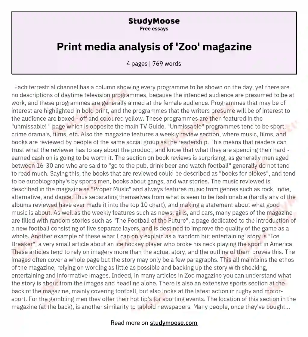 Print media analysis of 'Zoo' magazine essay