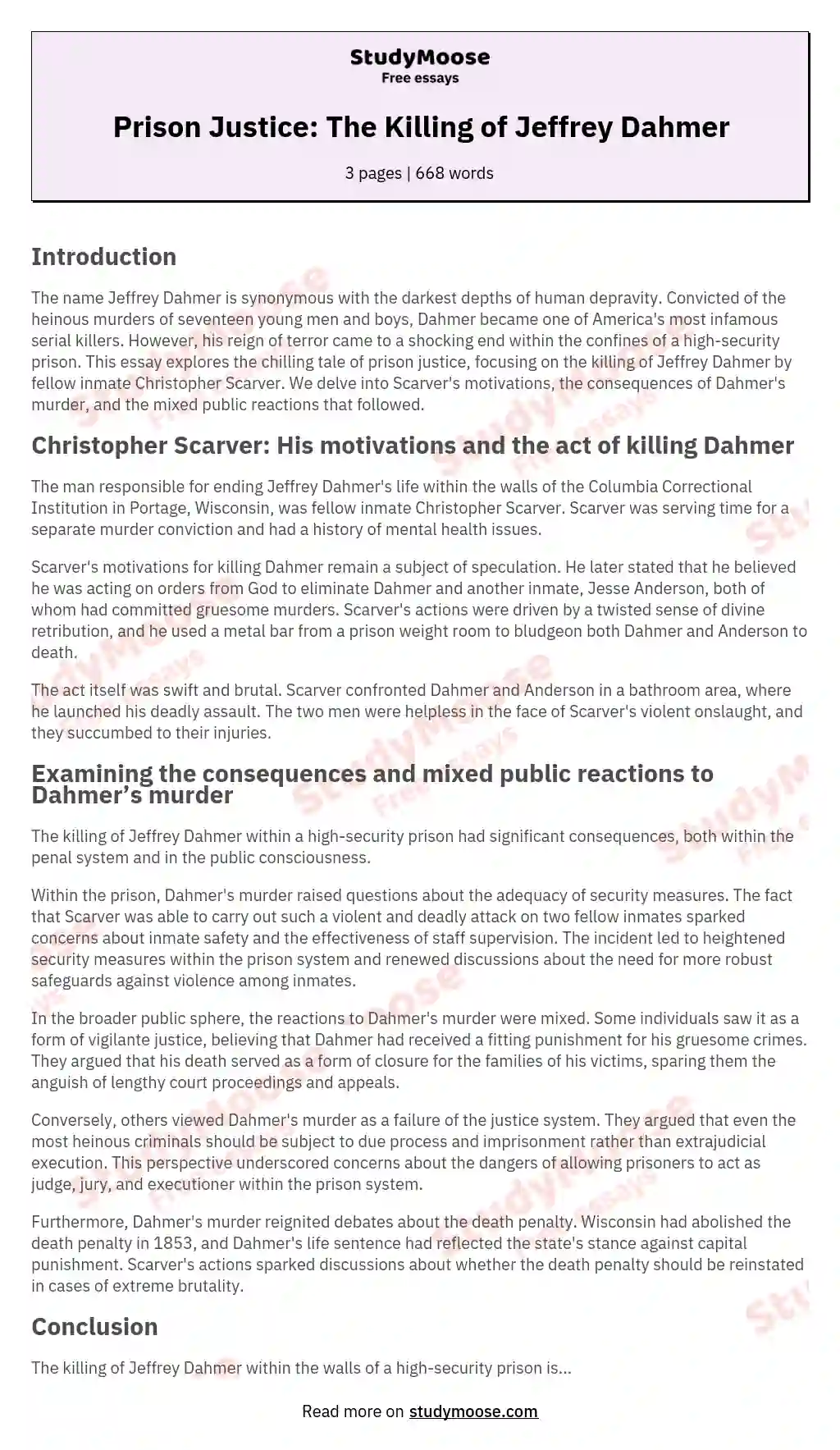Prison Justice: The Killing of Jeffrey Dahmer essay