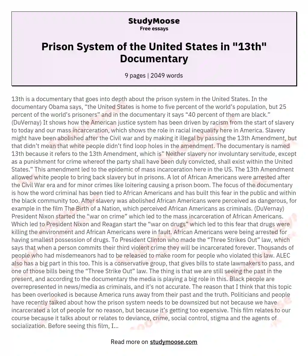Prison System of the United States in "13th" Documentary essay