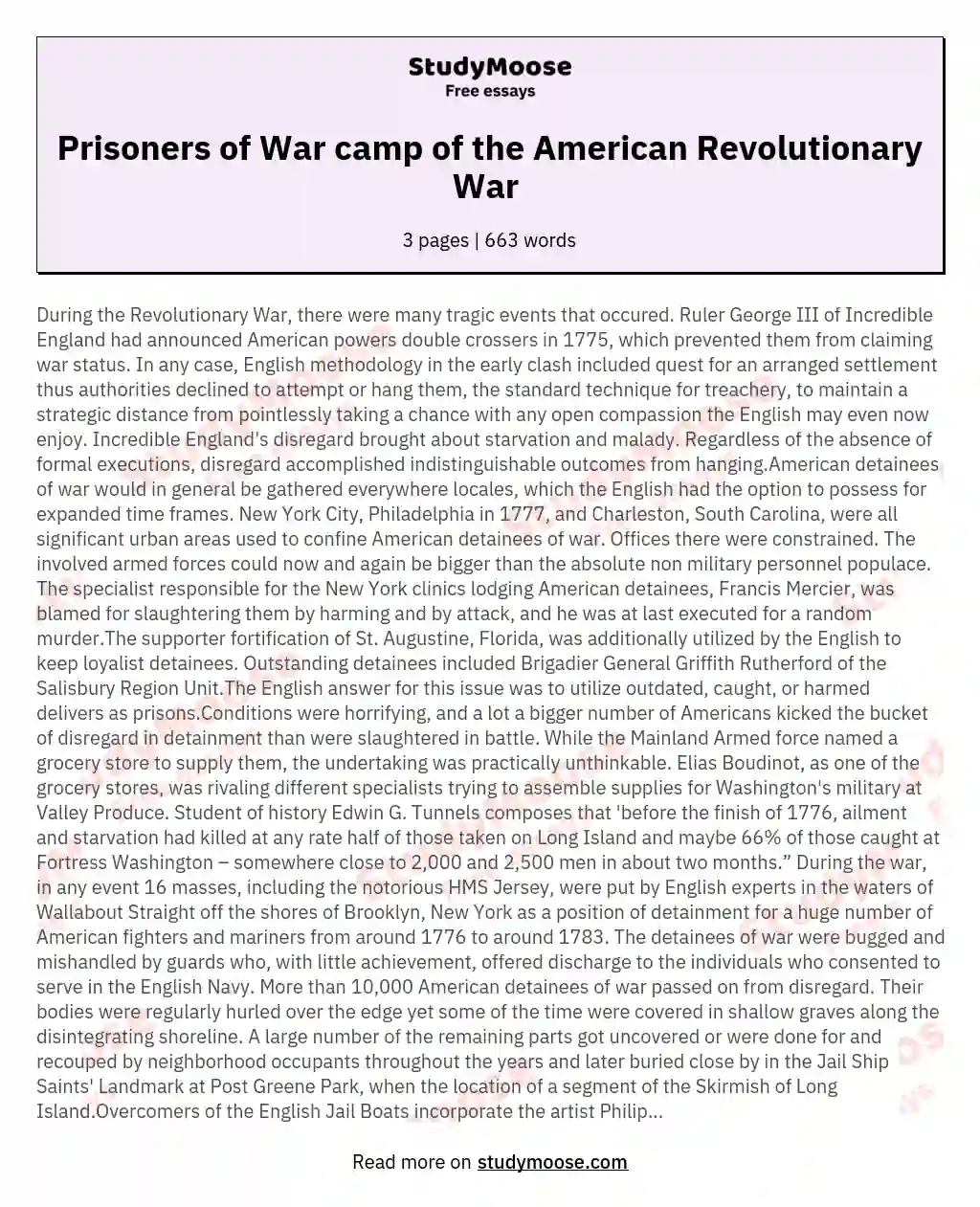 Prisoners of War camp of the American Revolutionary War  essay