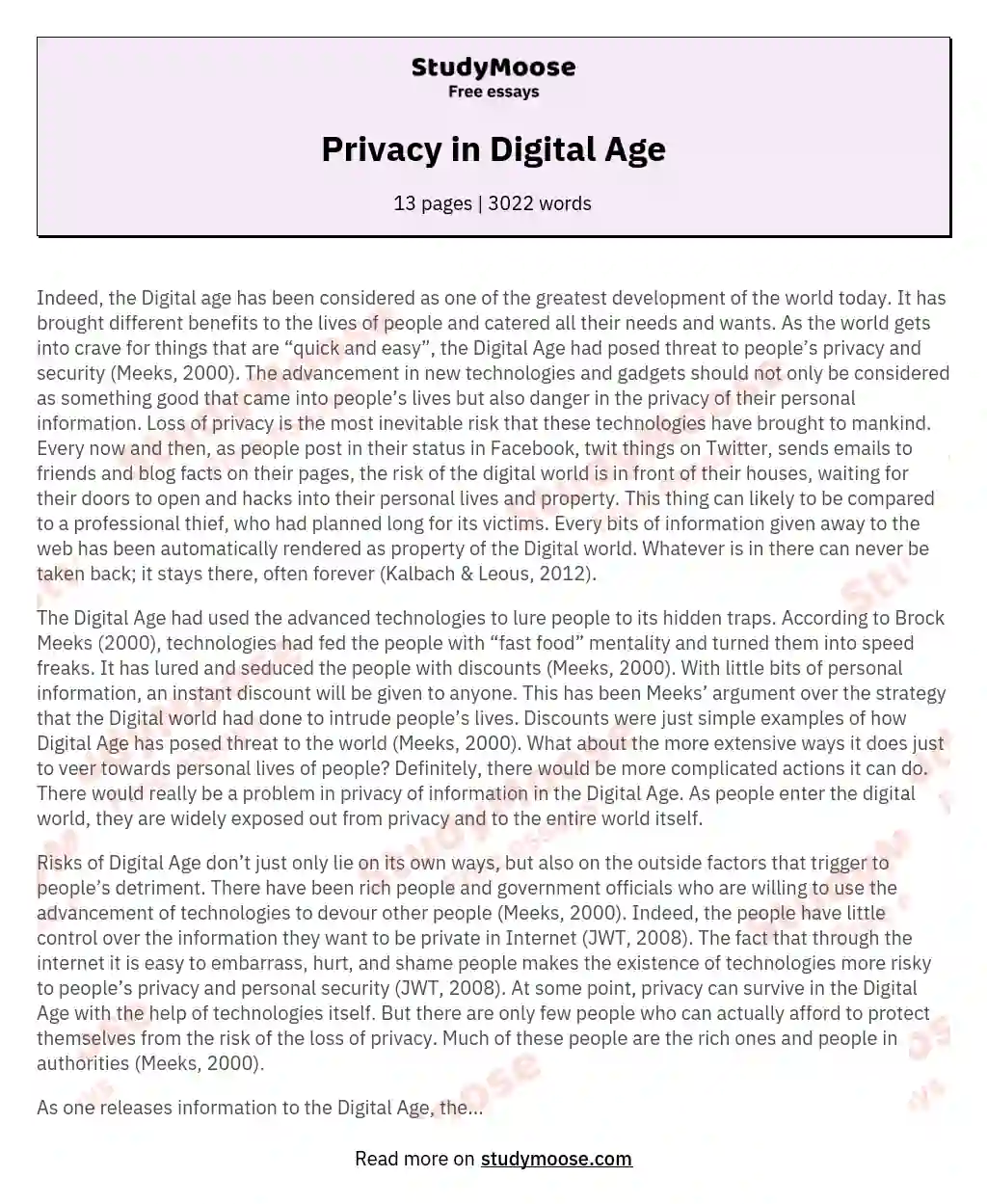 Privacy in Digital Age essay