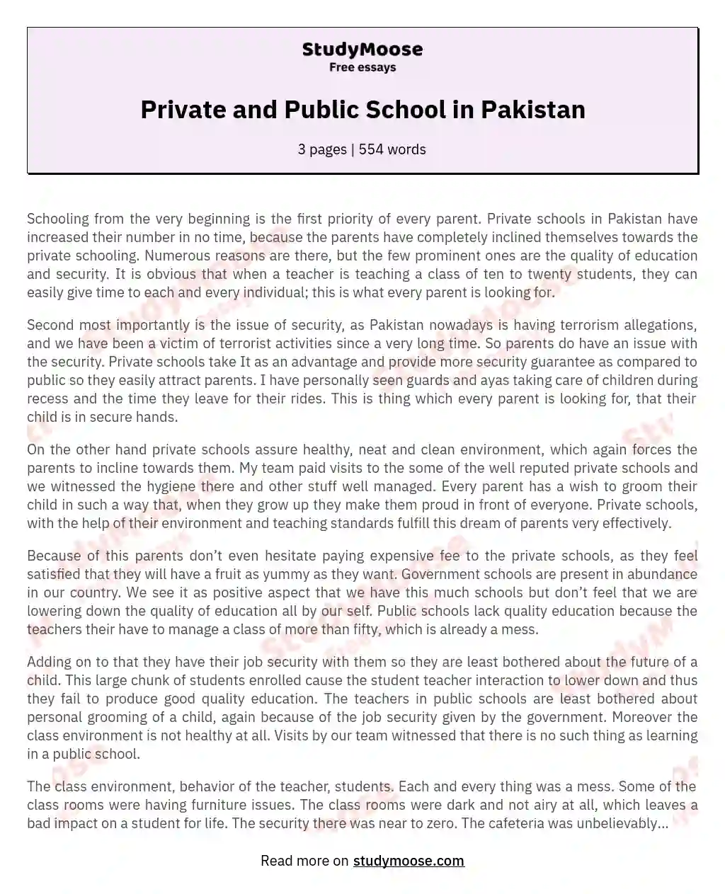 Private and Public School in Pakistan