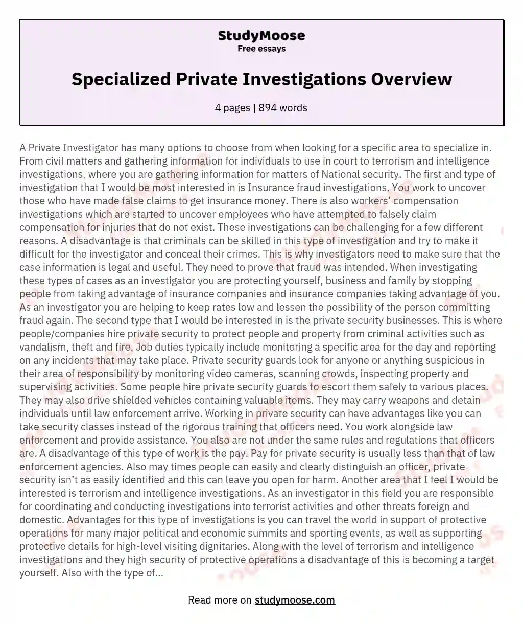 Specialized Private Investigations Overview essay