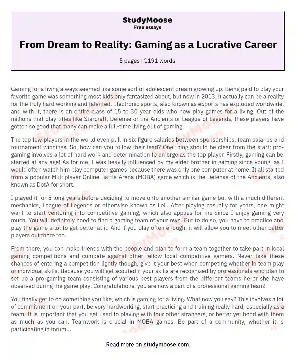 From Dream to Reality: Gaming as a Lucrative Career essay