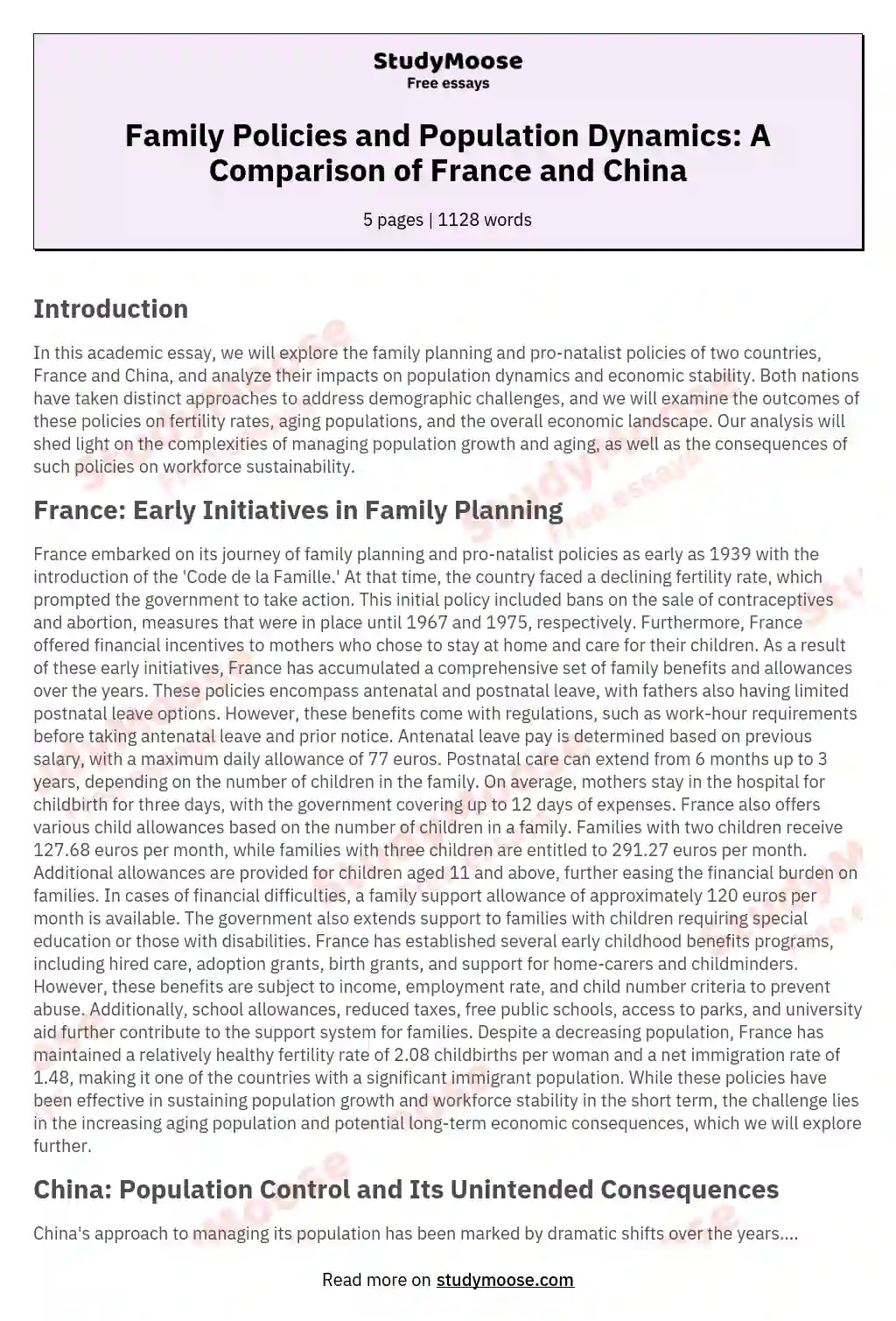 Family Policies and Population Dynamics: A Comparison of France and China essay