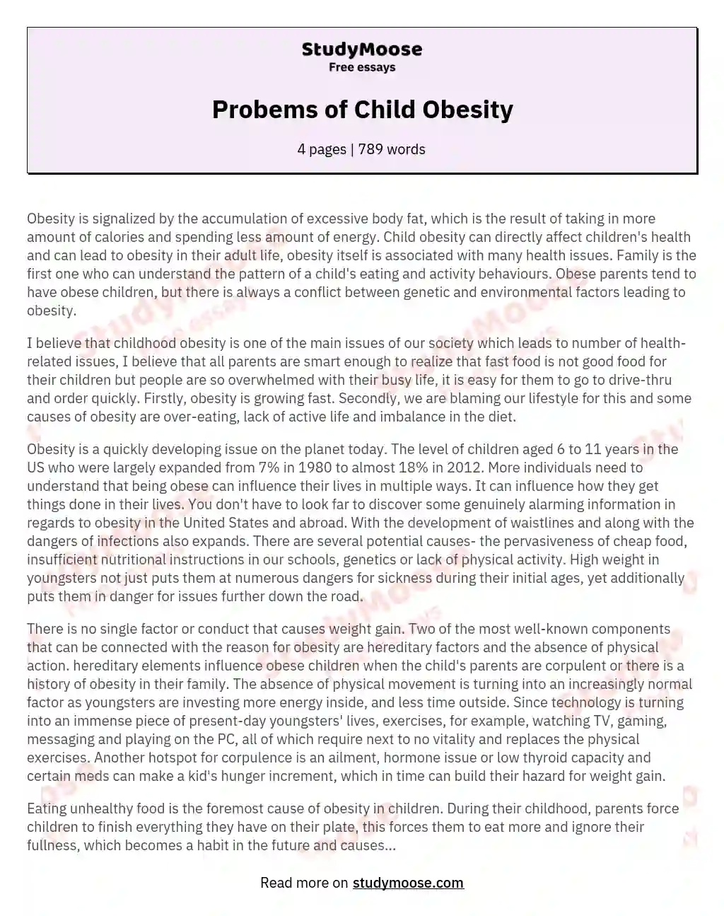 Probems of Child Obesity essay