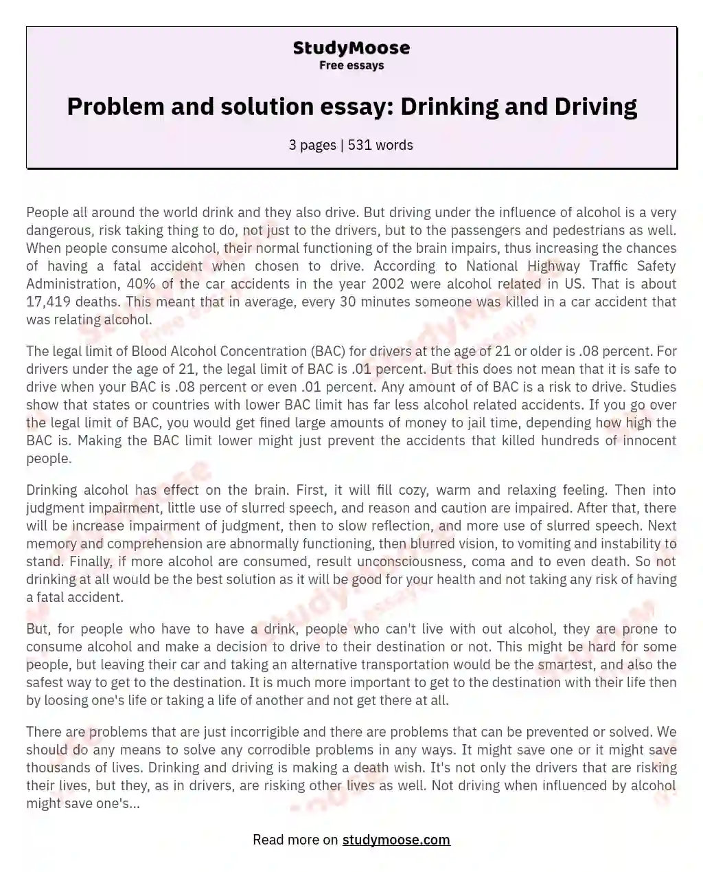 Problem and solution essay: Drinking and Driving