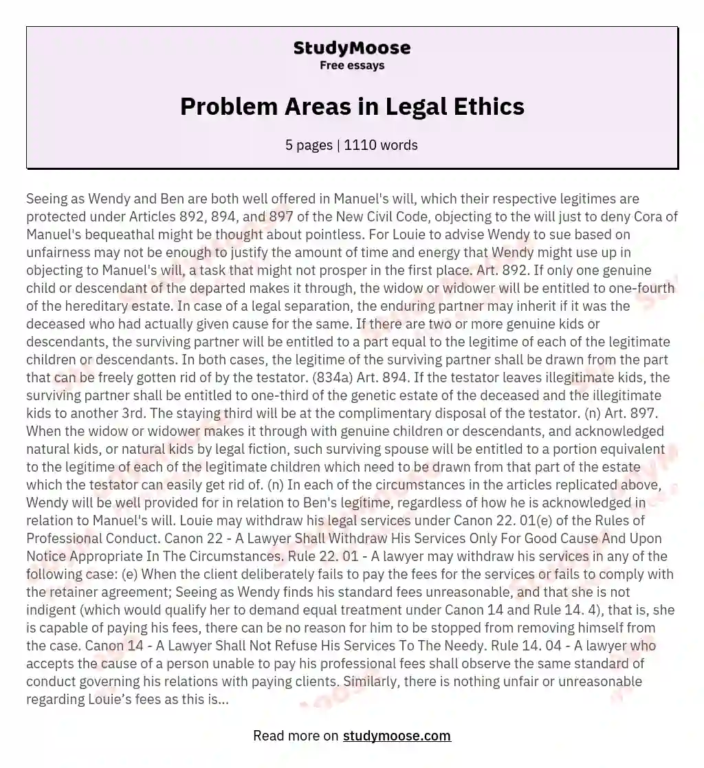Problem Areas in Legal Ethics essay