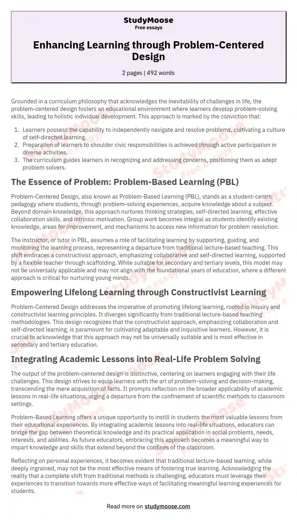 Enhancing Learning through Problem-Centered Design essay