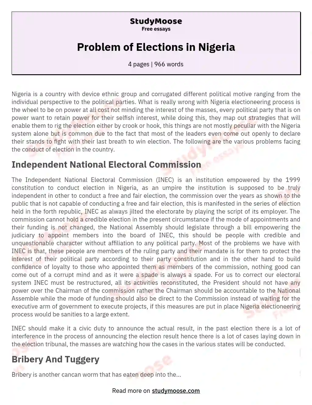 Problem of Elections in Nigeria essay