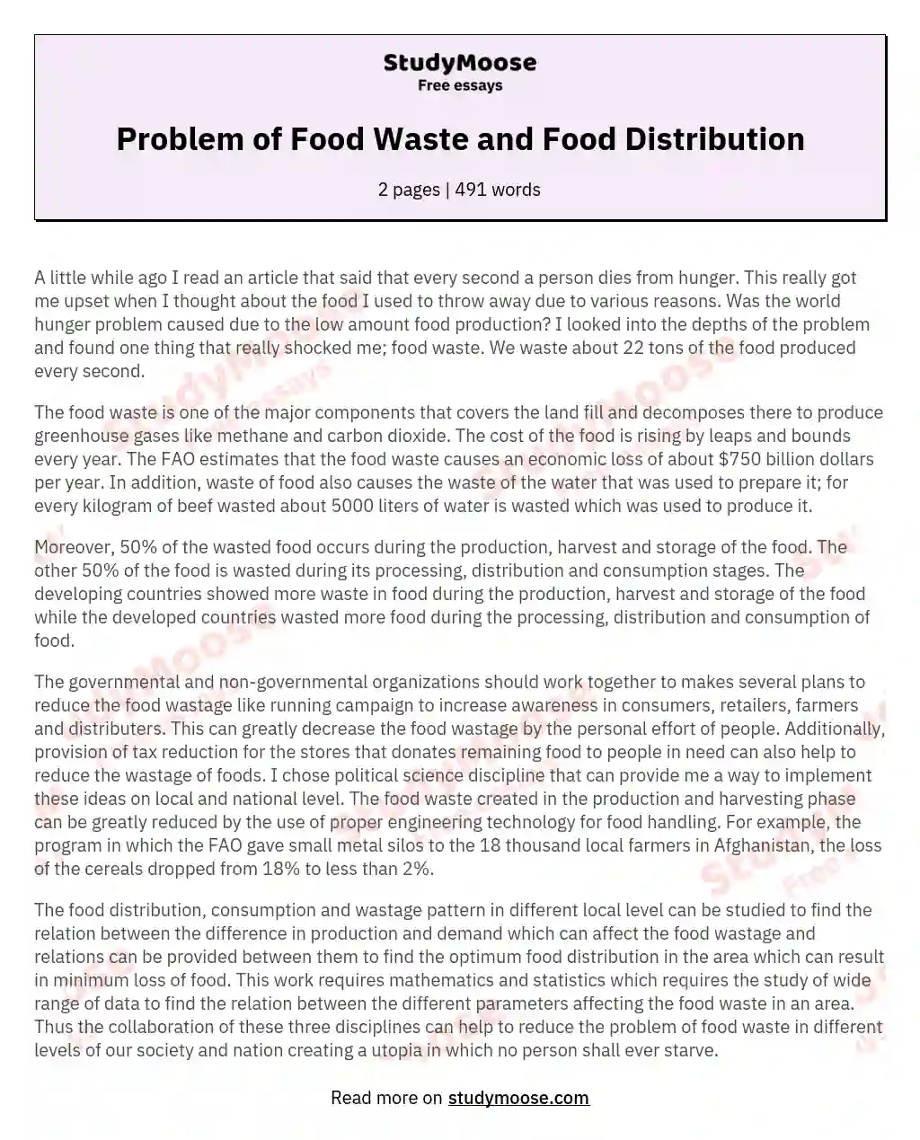 Problem of Food Waste and Food Distribution