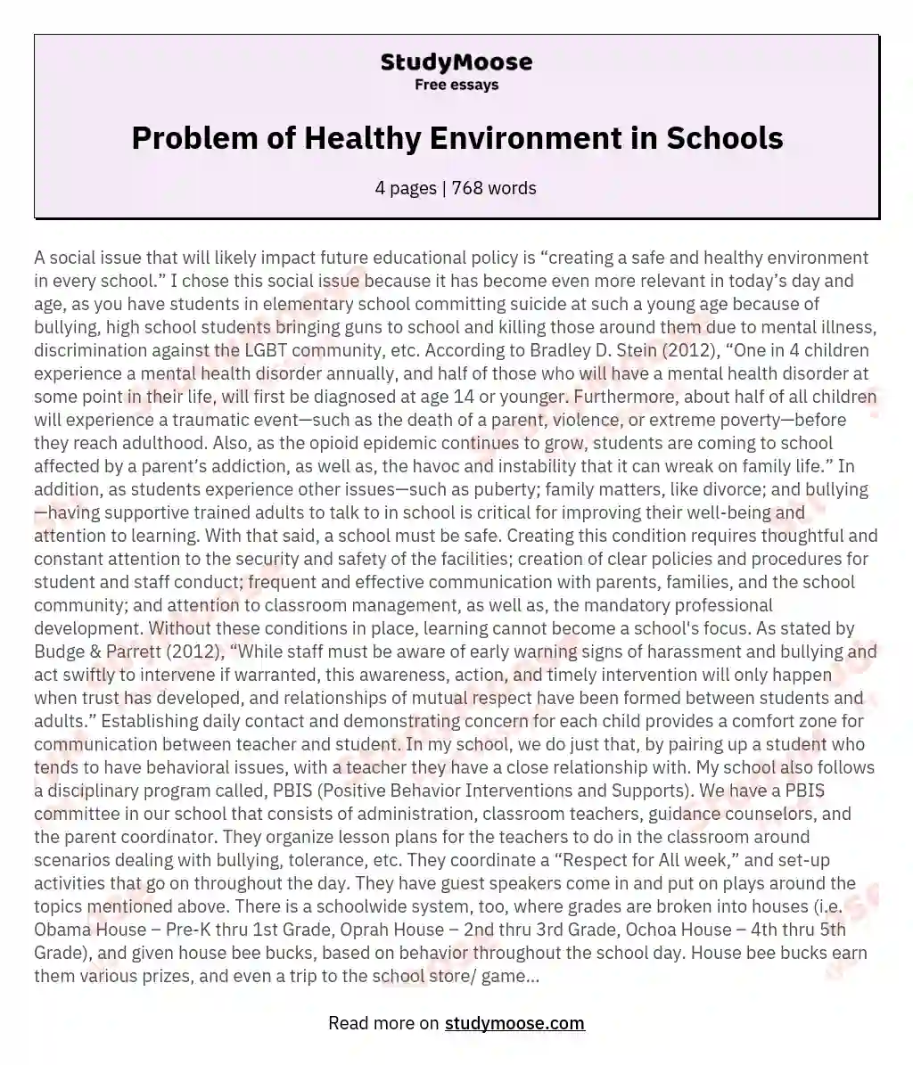 Problem of Healthy Environment in Schools essay