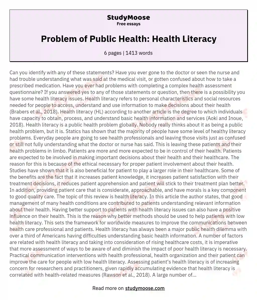 Problem of Public Health: Health Literacy essay