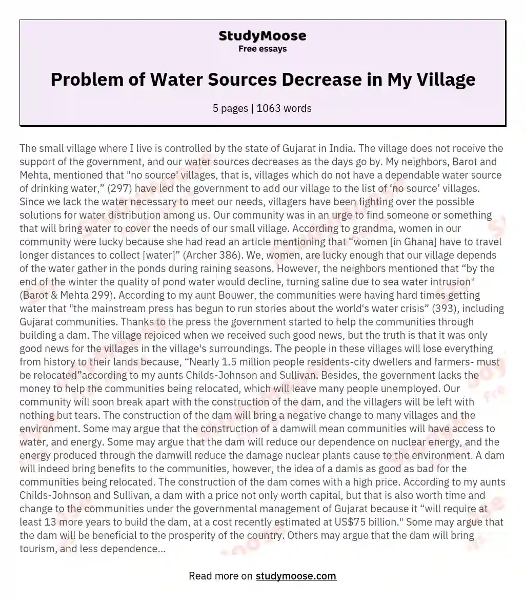Problem of Water Sources Decrease in My Village essay