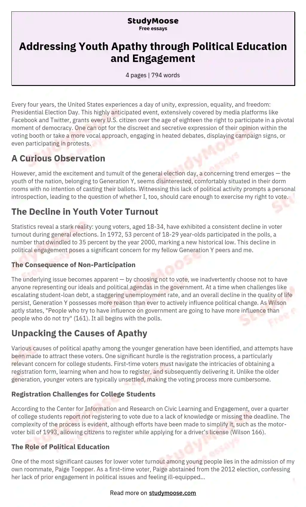 Addressing Youth Apathy through Political Education and Engagement essay