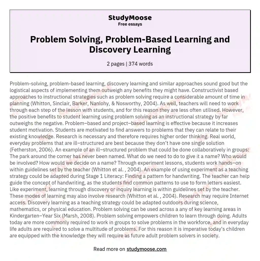 Problem Solving, Problem-Based Learning and Discovery Learning essay