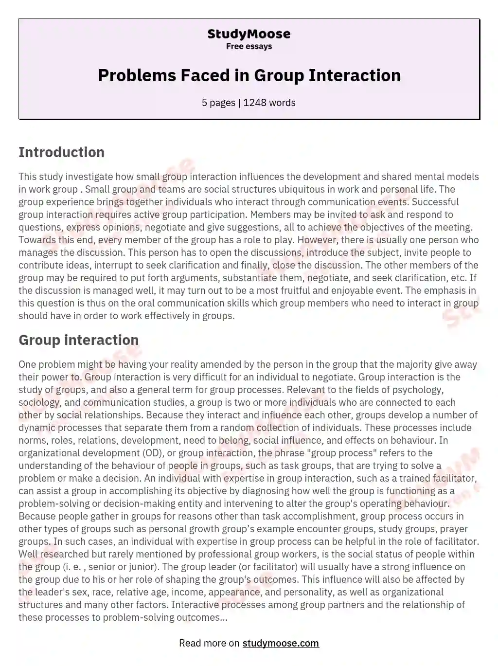 Problems Faced in Group Interaction essay