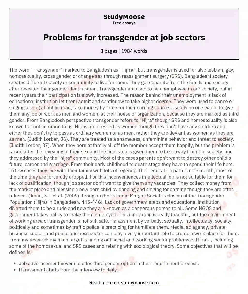 Problems for transgender at job sectors