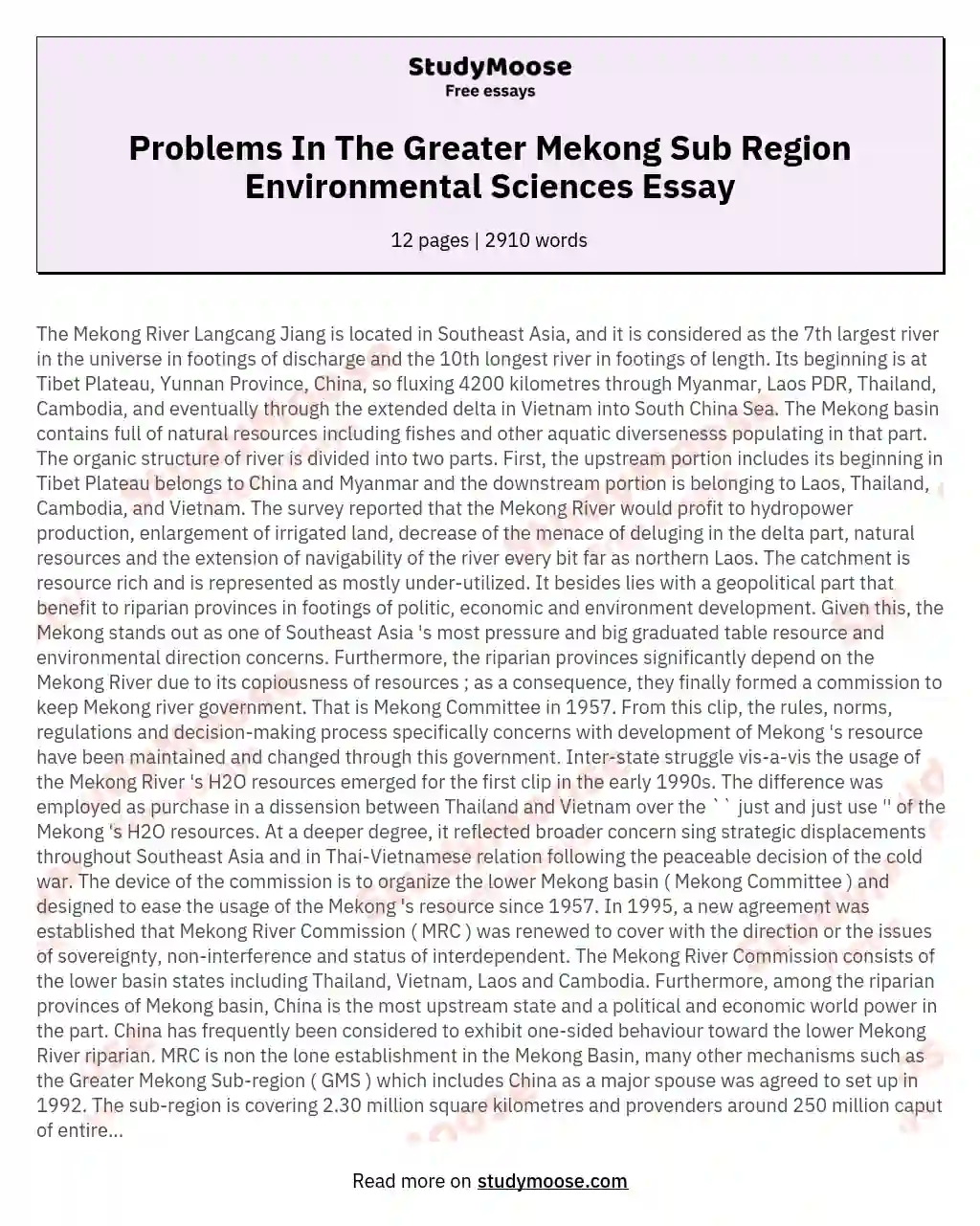 Problems In The Greater Mekong Sub Region Environmental Sciences Essay essay