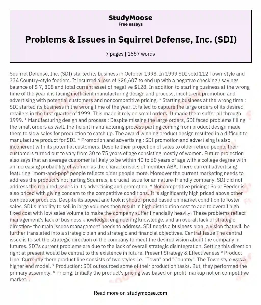 Problems &amp; Issues in Squirrel Defense, Inc. (SDI) essay