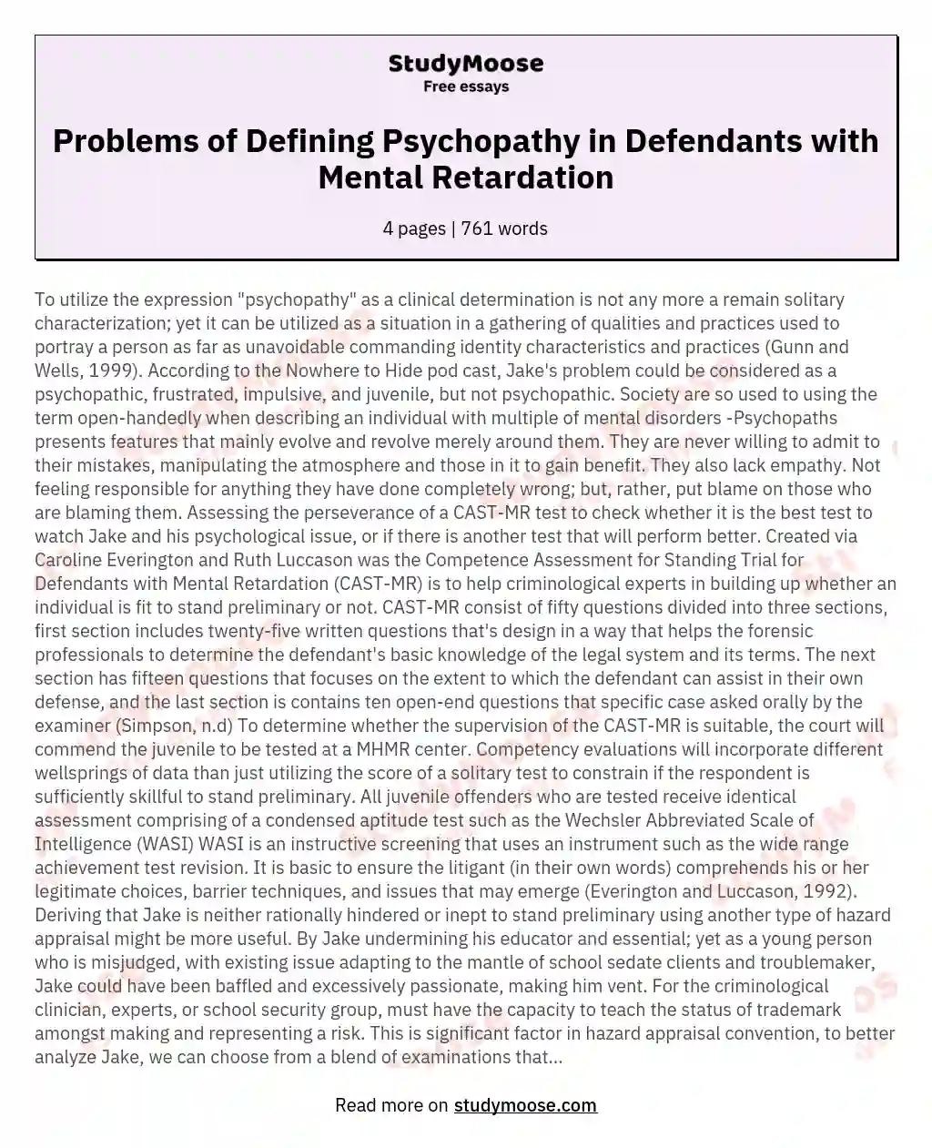 Problems of Defining Psychopathy in Defendants with Mental Retardation essay