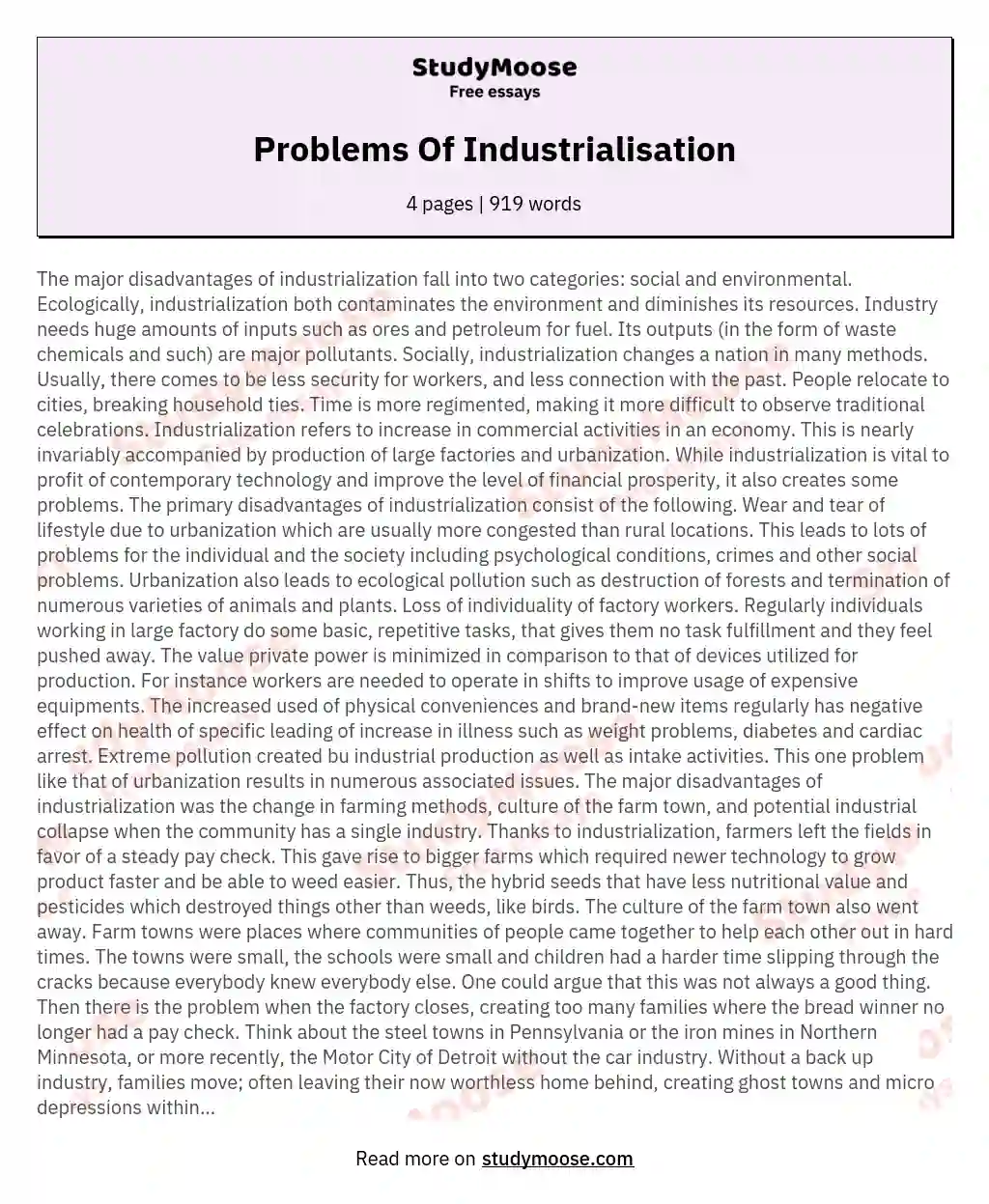 Problems Of Industrialisation essay