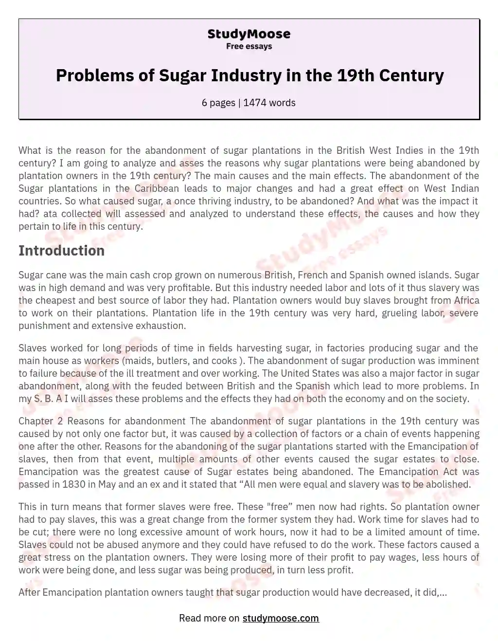 Problems of Sugar Industry in the 19th Century essay