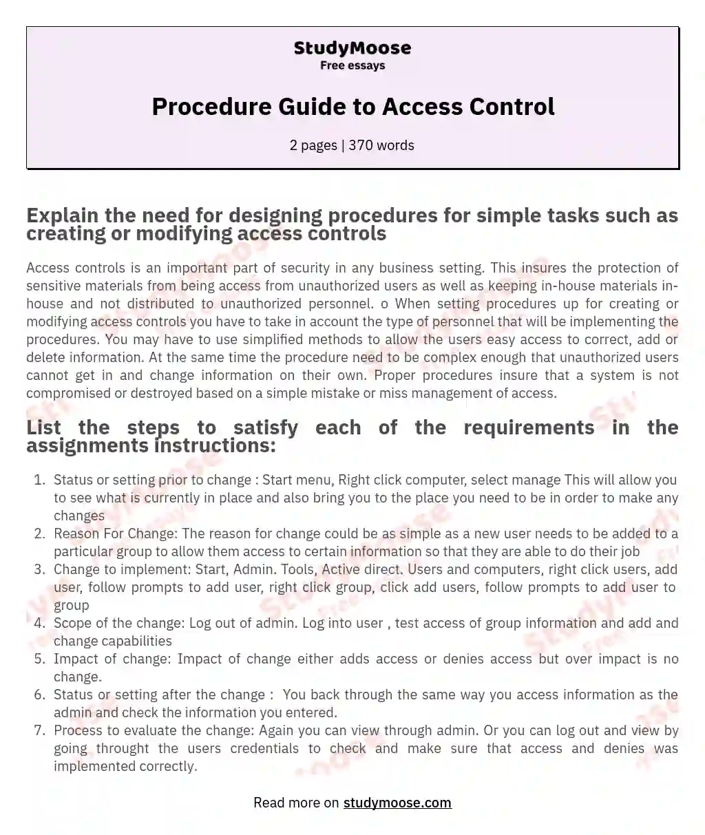 Procedure Guide to Access Control essay
