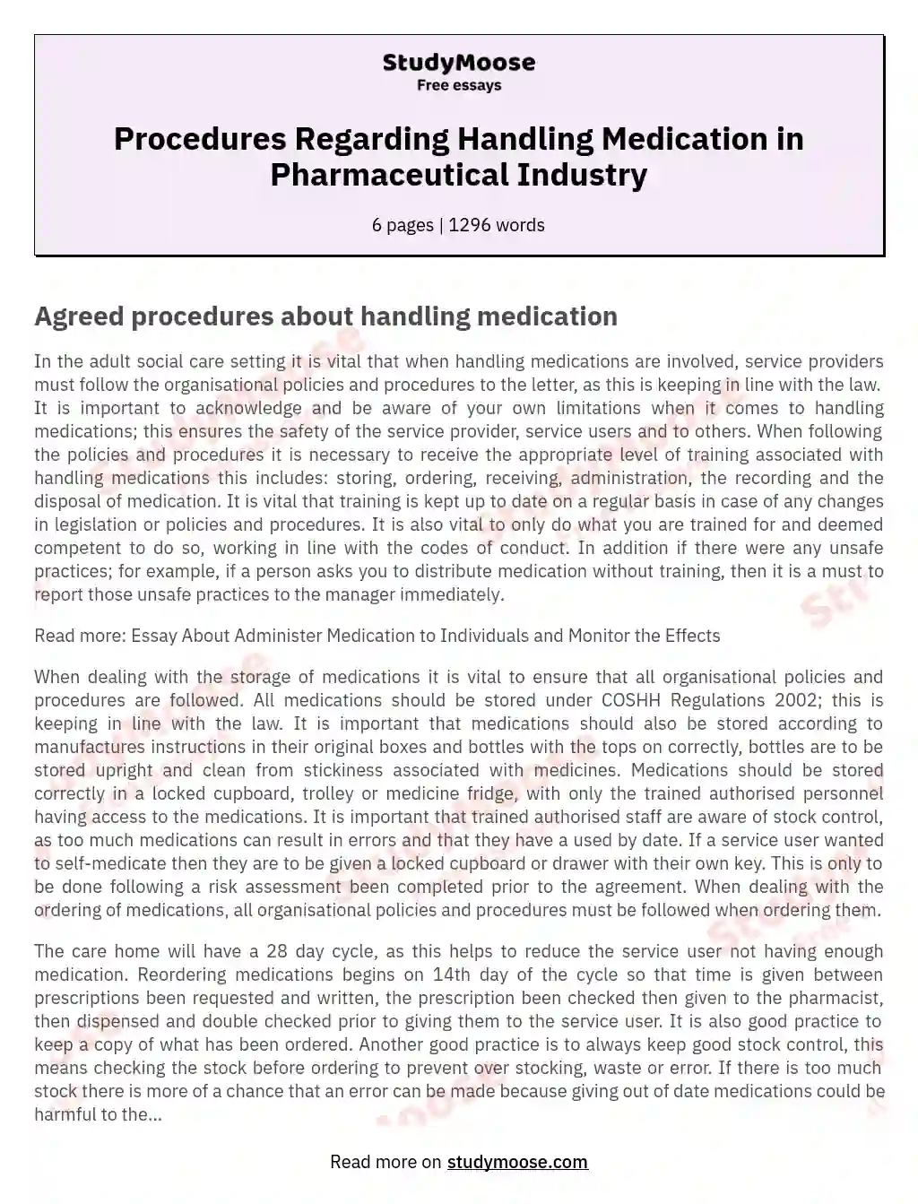 Procedures Regarding Handling Medication in Pharmaceutical Industry essay