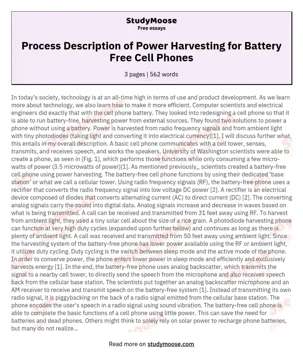 Process Description of Power Harvesting for Battery Free Cell Phones essay
