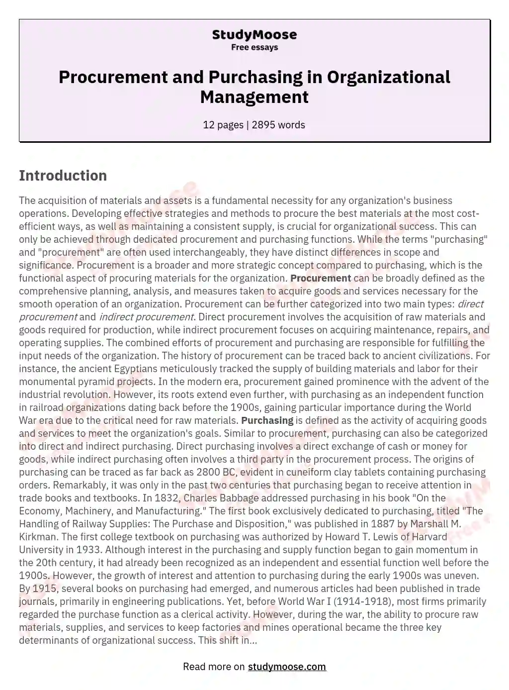 Procurement and Purchasing in Organizational Management essay