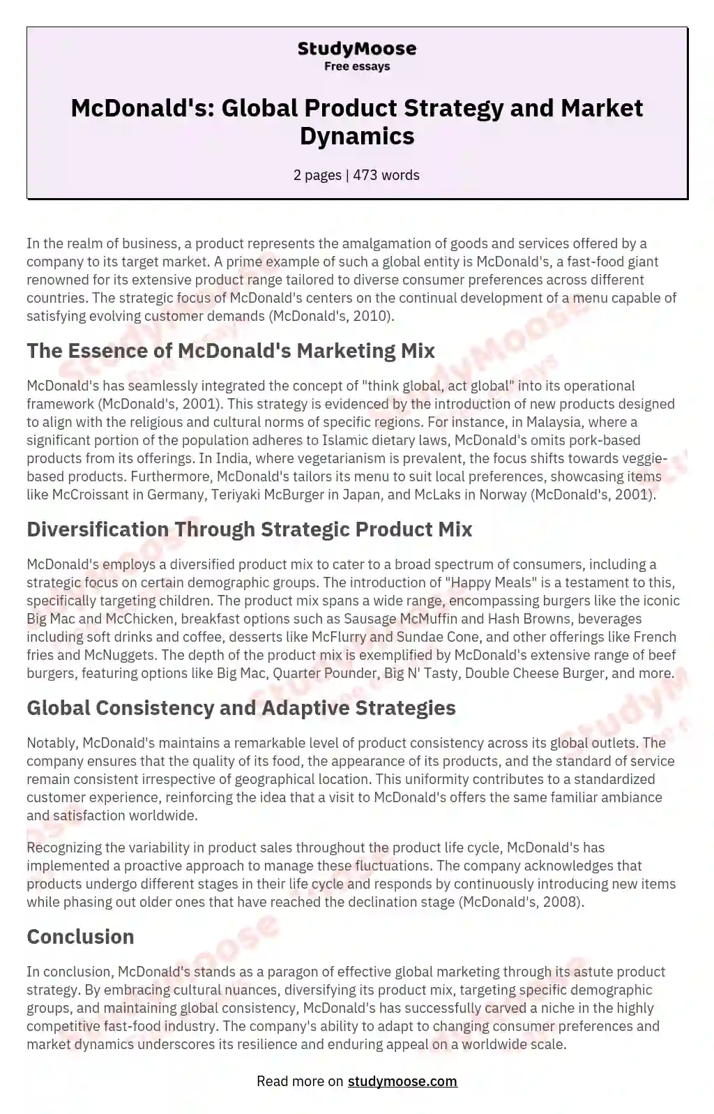 McDonald's: Global Product Strategy and Market Dynamics essay