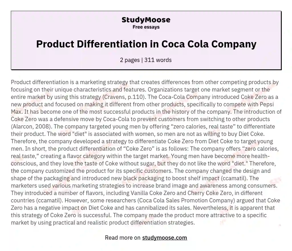 Product Differentiation in Coca Cola Company
