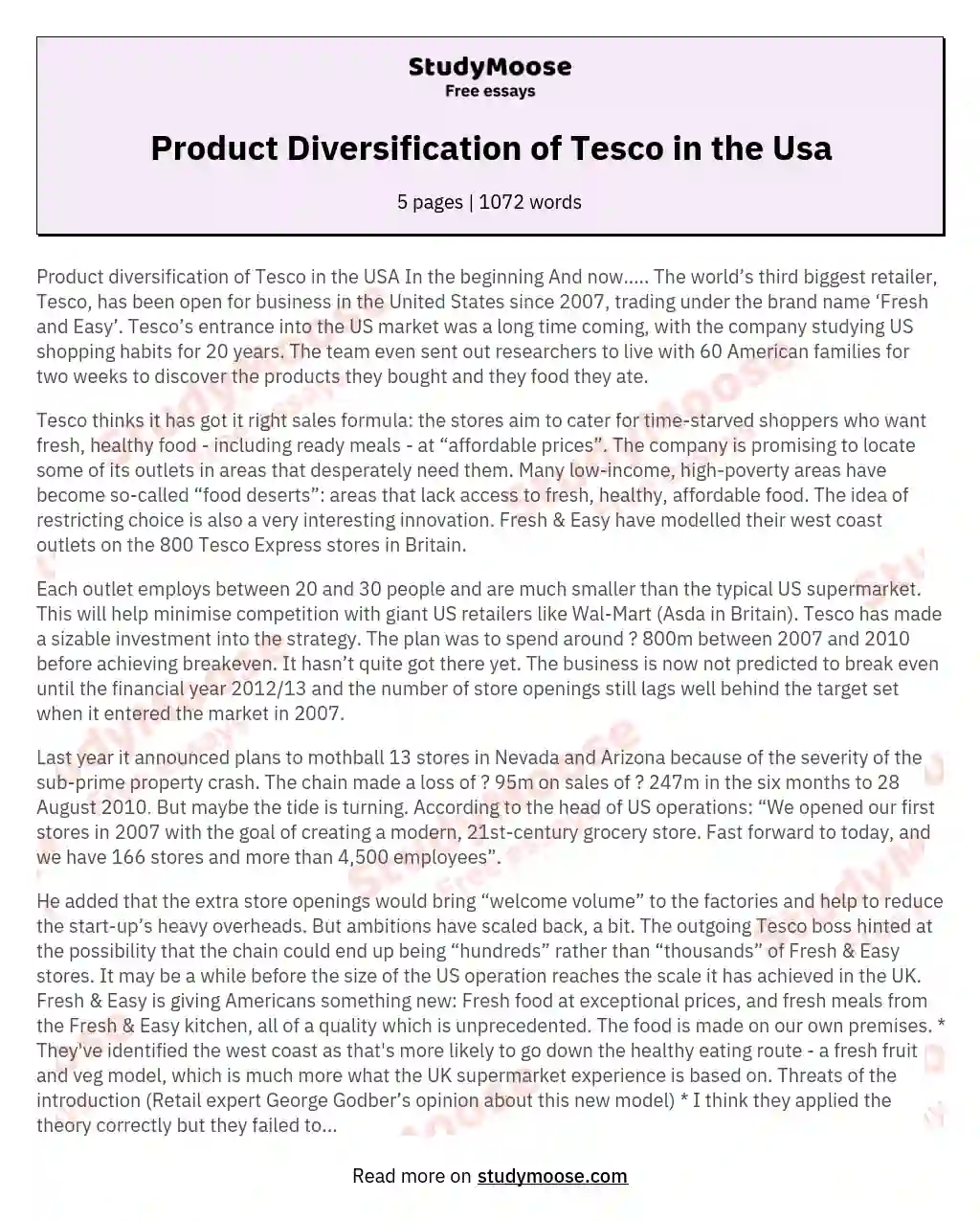 Product Diversification of Tesco in the Usa essay