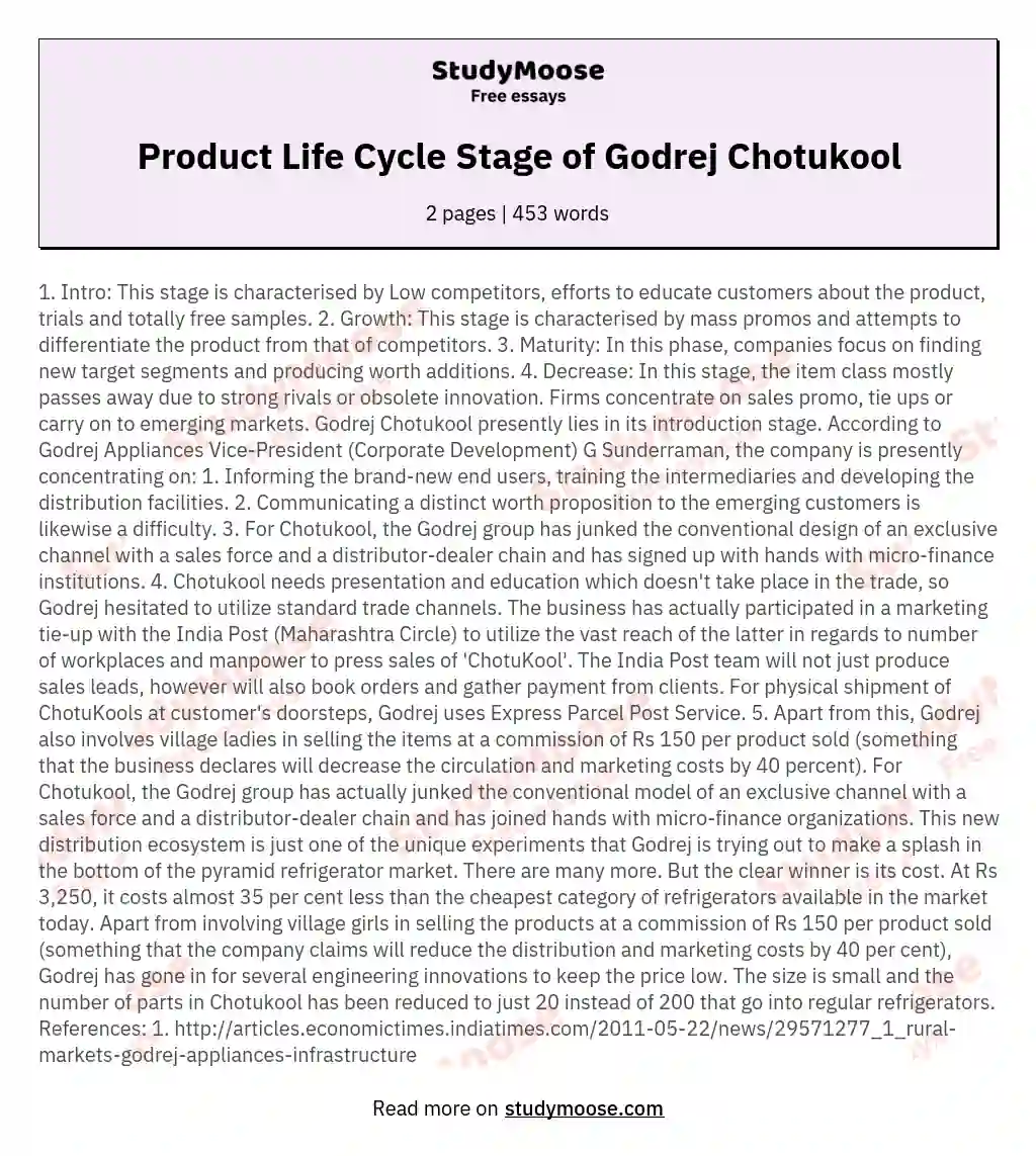 Product Life Cycle Stage of Godrej Chotukool essay